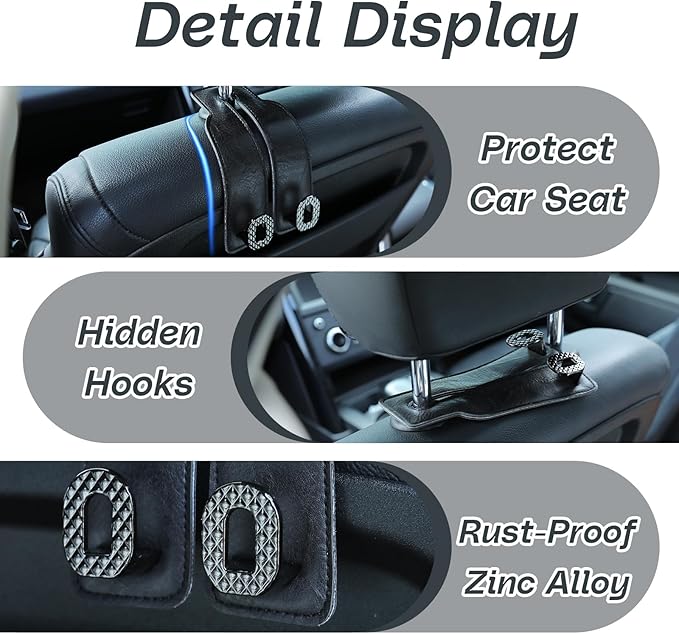 Car Headrest Hooks Universal Car Purse Hook Premium Leather and Alloy Twin Hook Car Seat Back Storage Hanger Hook for Purse Bags Cloth Drink Durable Holder Car Accessories (BH09-Black-Black)