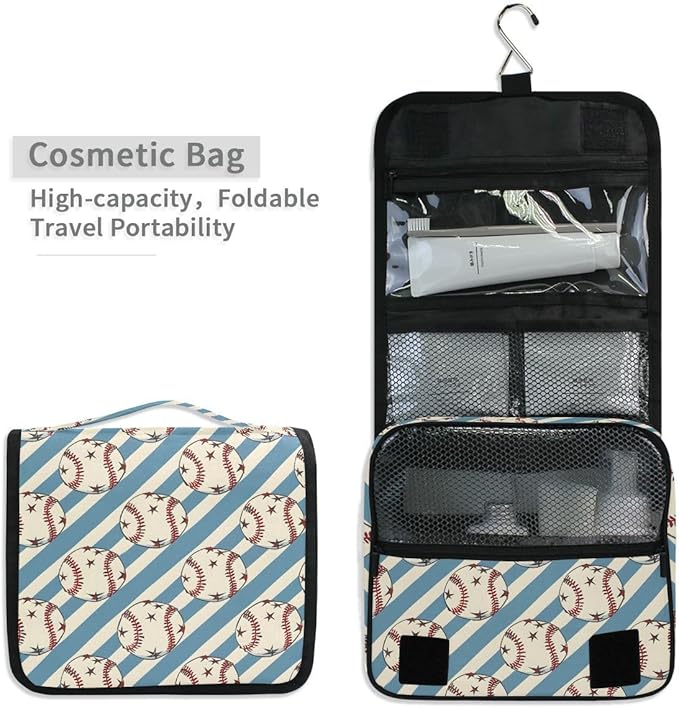 Hanging Travel Toiletry Bag Kit Boys Makeup Case Cosmetics Organizer for Men Women (Baseball Balls Star Blue Stipes)
