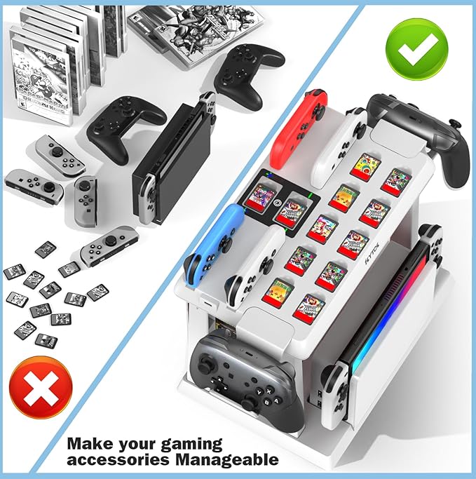 Kytok Switch Organizer Station with Controller Charger, Charging Dock for Nintendo Switch & OLED Joy-Cons, Storage for Games, TV Dock, Pro Controller, Sega Game Gear Accessories