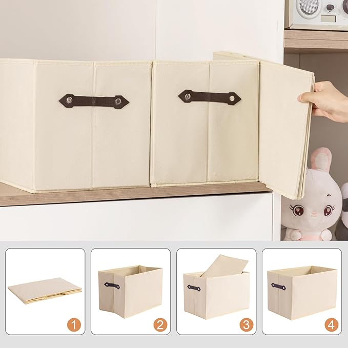 6 Pack Large Collapsible Storage Baskets for Shelves,14.9"x9.5" Fabric Closet storage Boxes with Leather Handles,Decorative Organizers Storage Bins for Clothes,Sheets,Toys,Books,Creamy-White