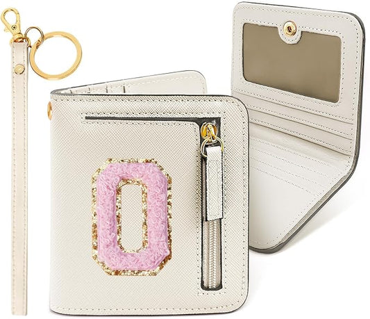 COSHAYSOO Preppy Wallet Gifts for Teen Girls Women Small Wallet RFID Bifold PU Leather Christmas Valentines Easter Mothers Fathers Day Nurse Appreciation Graduation Gifts Chenille Letter O Cream