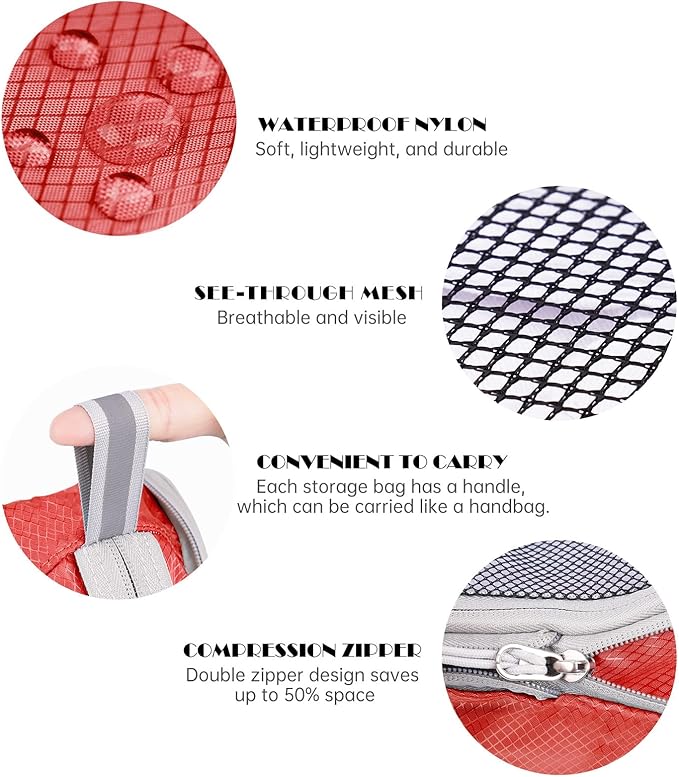 NiHome 7PCS Compression Packing Cube Set Expandable Mesh Travel Bag Luggage Organizers with Electronic Cable Cord Charger Organizer Drawstring Bag (Red)
