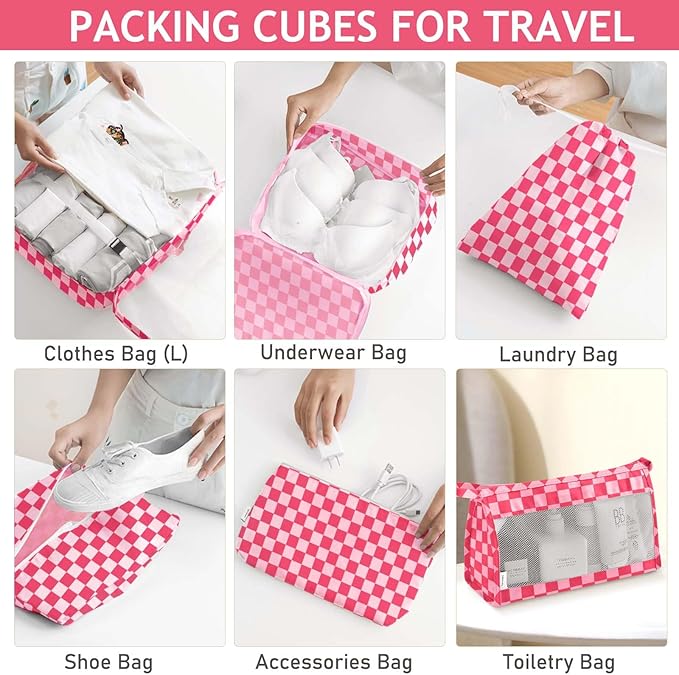 KPX 8 Set Packing Cubes for Travel, Luggage Packing Organizers Accessories Large Toiletries Bag for Clothes Shoes Cosmetics (8Set-Rose Checkered)