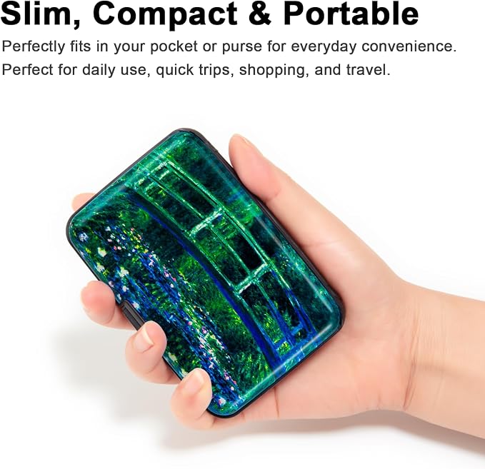 Credit Card Holder Wallet for Women Men RFID Blocking Small Metal Business Aluminum Protector Sleeves Slim Mini Cards Case (Bridge and Water Lily Pond)