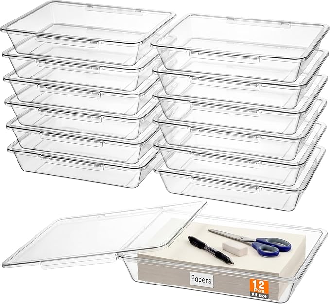 Tinlade 12 Pcs Classroom Paper Storage Bins with Clear Latching Lids Labels, Letter Size Stackable Flat Trays Container Paper Organizer for Teacher Back to School Office Arts Crafts (Clear,13x10in)