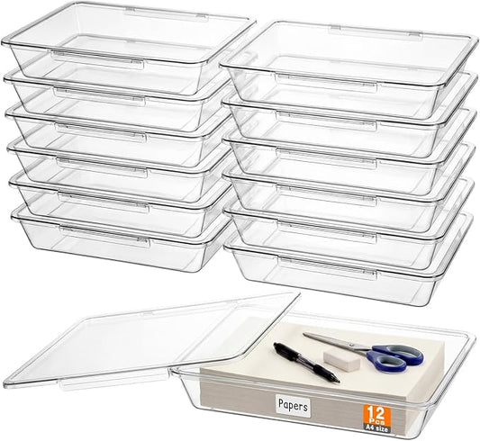 Tinlade 12 Pcs Classroom Paper Storage Bins with Clear Latching Lids Labels, Letter Size Stackable Flat Trays Container Paper Organizer for Teacher Back to School Office Arts Crafts (Clear,13x10in)