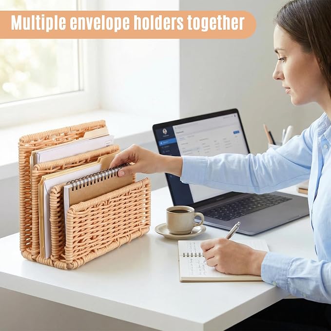 Small Rattan Mail Organizer for Desk Mail Holder Countertop with 3 Slot Rattan Letter Sorter File Holder Envelope Book Stand Farmhouse Office Desk Organizer and Storage Accessories