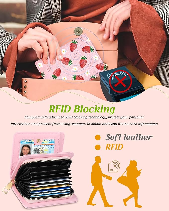 Bistup Credit Card Holder Wallet for Women Cute Leather Ladies Teen Girls Female Cardholder Wallets Accordion Purse Small Medium Aesthetic Print Strawberry Modern Design Rfid Zipper Around