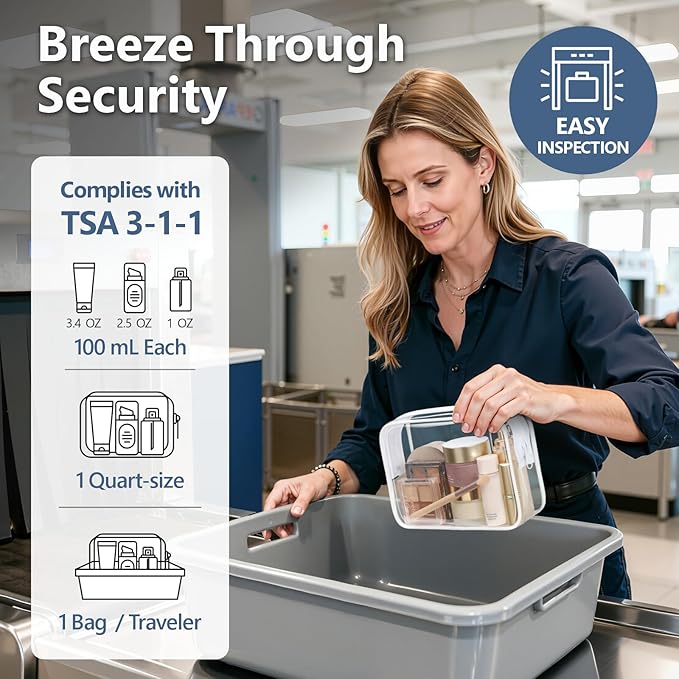 PACKISM TSA Approved Toiletry Bag 2 Pack - 1 Medium TSA Quart Carry-On & 1 Large for Checked Luggage, Water-resistant Clear Makeup Bag Clear Travel Bags for Toiletries, White