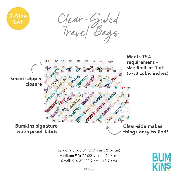 Bumkins Travel Bag, Toiletry, TSA Approved Packing Pouch, Zip Bag, Quart Size Airline Compliant, Clear-Sided, Set of 3 Sizes