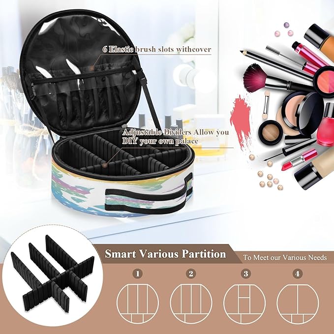 senya Round Cosmetic Pouch Travel Makeup Train Case Winged Unicorn Stars Makeup Organizer Bag with Adjustable Dividers Portable for Cosmetics Makeup Brushes Toiletry Jewelry Accessories
