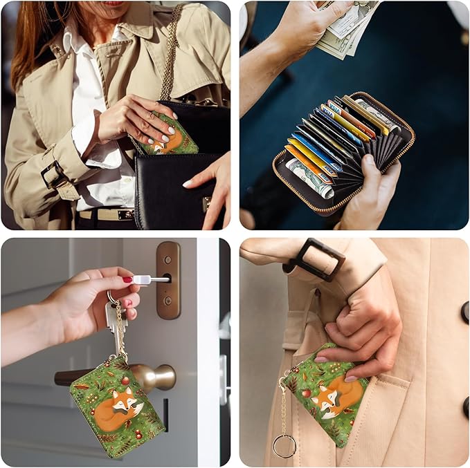 Credit Card Holder RFID Wallet, Small Card Holder Wallet for Women with Keychain Zipper, Funny Leather Print Credit Card Wallets Accordion Gift