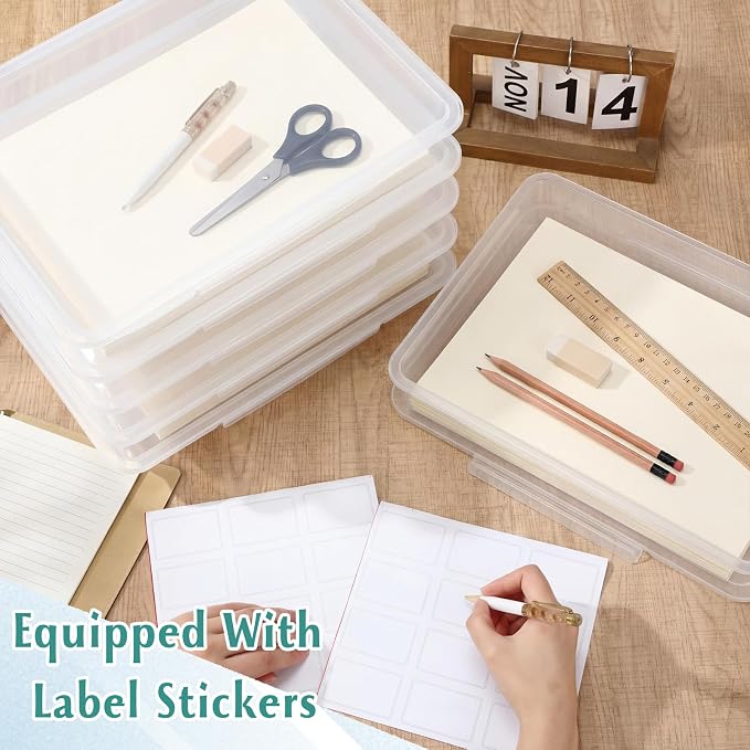 Tinlade 12 Pcs Classroom Paper Storage Bins with Clear Latching Lids Labels, Letter Size Stackable Flat Trays Container Paper Organizer for Teacher Back to School Office Arts Crafts (Clear,13x10in)