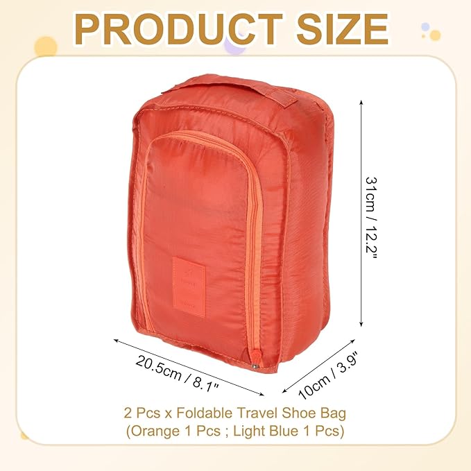 Foldable Travel Shoe Bag, Waterproof Shoe Pouches Organizer with Handle Travel Packing Cubes -Fitting for Storing (Sneakers/Sandals/Fitness Shoes) 2 Pcs & Orange/Light Blue