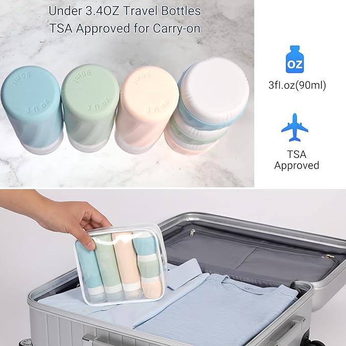 11 Pack Travel Bottles for Toiletries, TSA Approved 3oz Leak Proof Refillable Silicone Squeezable Containers Kit for Shampoo Lotion Conditioner with Toiletry Bag