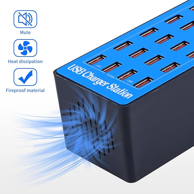USB Charging Station,100W 20-Port Multi Device Charger with Intelligent Safety Features,Charging Station for Multiple Devices Phone,Watch,Pad,Speakers,Headphones,PS Compact for Home,Office,Travel