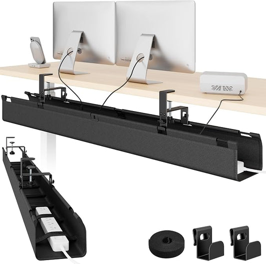PEGZONE No Drill Under Desk Cable Management Tray, 47.2" Cord Management Under Desk for Table, Clamp Mount Desk Cable Management, Premium Fabric Wire Management Tray for Office, Home, Black