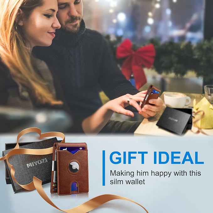 miyozi Airtag Wallet for Men,with Money Clip 11 Cards Slim Front Pocket Leather RFID Blocking Wallet with Gift Box