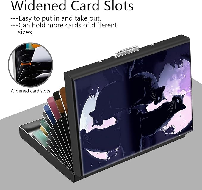 Credit Card Holder, Black Cat and Moon Design Mini RFID Blocking Aluminum Wallet Slim Metal Hard Case Shell Travel Wallet ID Case Small Credit Cards Case Business Cards for Women Men Girls