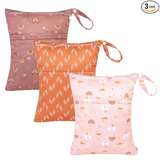 babygoal Wet Dry Bags for Baby Cloth Diapers, Washable Travel Bags, Beach, Pool, Gym Bag for Swimsuits & Wet Clothes with Two Zippered Pockets 3 Pack, 3LN15