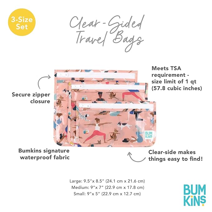 Bumkins Travel Bag, Toiletry, TSA Approved Pouch, Zip Bag, Quart Size Airline Compliant, Clear-Sided, Baby, Diaper Bag Organization, Makeup, Accessories, Carry On Packing, Set of 3 Sizes, Yoga Pals