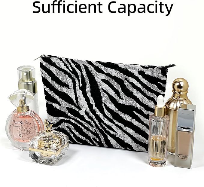 Zebra Print Makeup Bag for Women,Travel Make up Bag with Zipper Lining, Canvas Makeup Pouch for Purse, Cosmetic Pouch for Toiletry, Cosmetic, Sunscreen, Hygiene, Skincare, SPF, Medicine, Sunblock