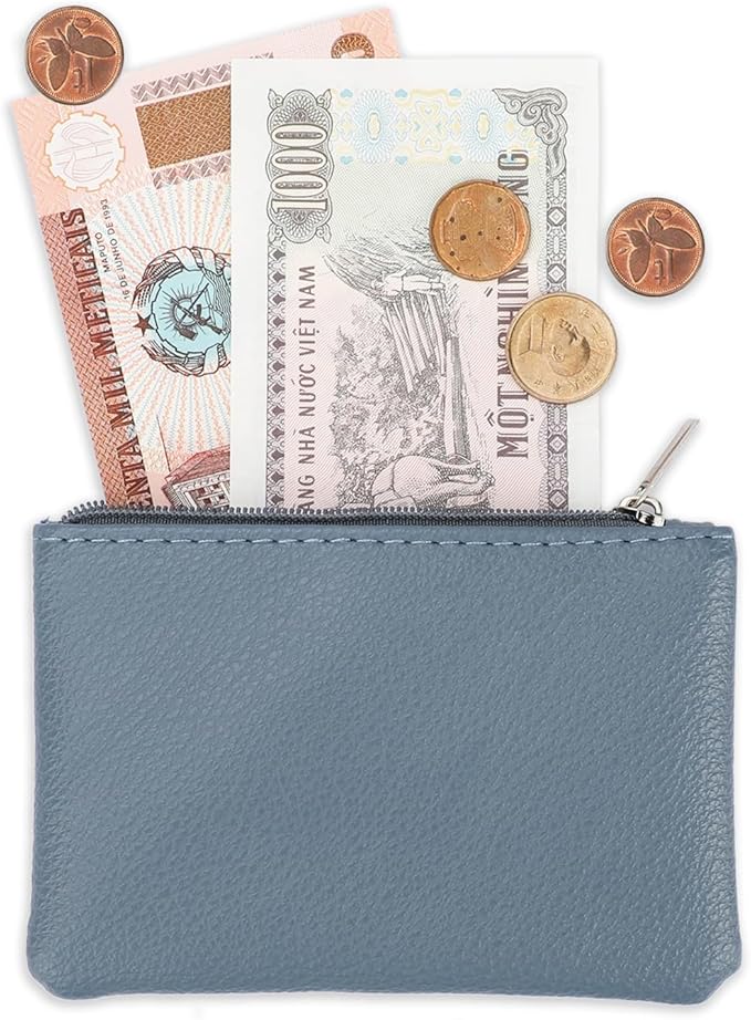 2 Pack Portable PU Leather Zipper Coin Purse - Mini Change Purse for Women, Folded Bills, ID, Key, Headset, Lipstick (Black & Blue)