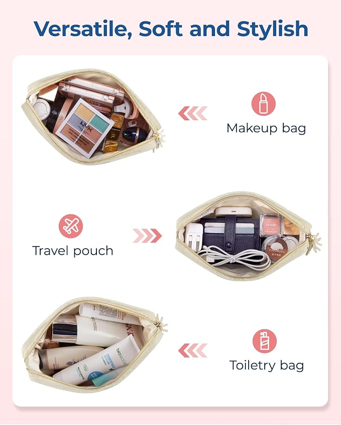 BAGSMART Makeup Bag Travel Cosmetic Bag,Puffy Make Up Bags for Women Double Layer Makeup Organizer Case,Wide-open Puffer Pouch for Purse Storage Travel Essentials Toiletries Accessories Brushes, Beige