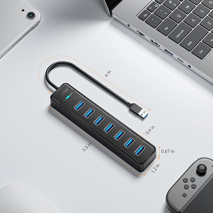 iDsonix 7-Ports USB Hub 3.0[0.5Ft] USB Splitter 5Gbps Multiport Adapter, USB Hub Extender for Desktop, PC, Laptop, Flash Drive, Mobile HDD, Windows/XPS, 15cm