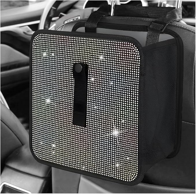 Car Foldable Trash Can, Bling Rhinestone Oxford Garbage Container Hanging Waterproof Organizer, Mini Crystal Dustbin Waste Basket Leakproof Trash Bin for Car Office Kitchen (AB)
