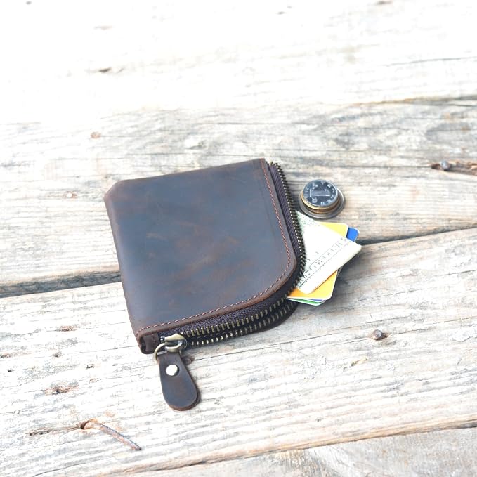 JJNUSA Genuine Leather Zipper Coin Purse Wallet With Key Car Smart Holder, Change Purse, Coin Pouch Holder For Men (Darkbrown)