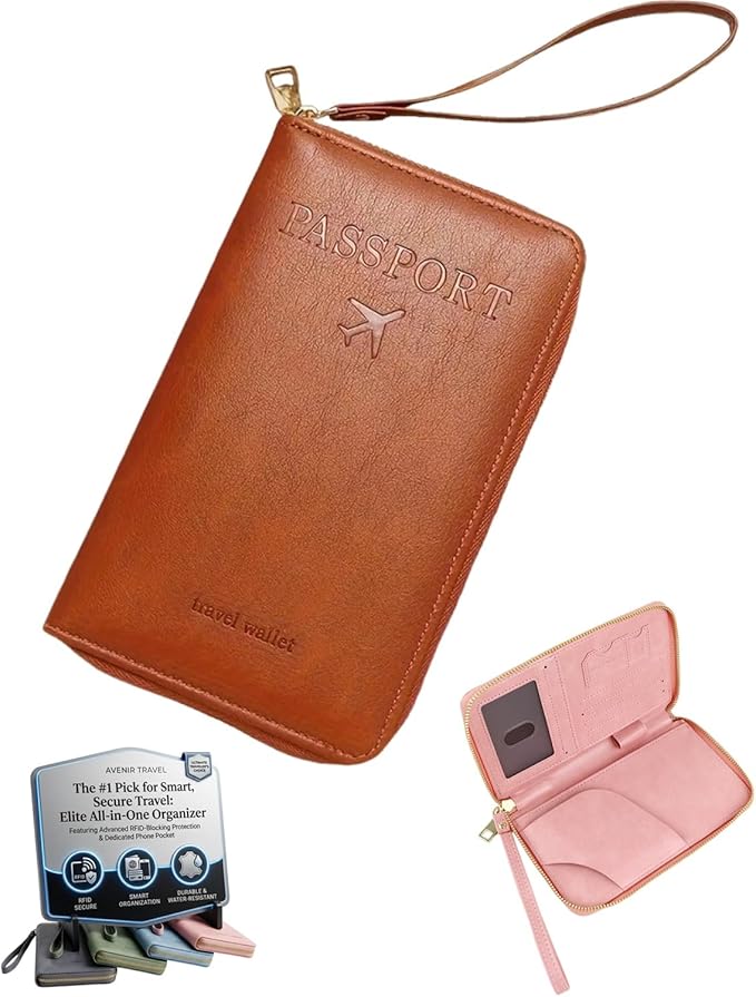 RFID Blocking Wallet for Women Men Cash Travel Passport Holder Family PU Leather Phone Document Organizer Case Cover Pouch with Lanyard Zipper Boarding Pass Id Card Pocket(Brown)