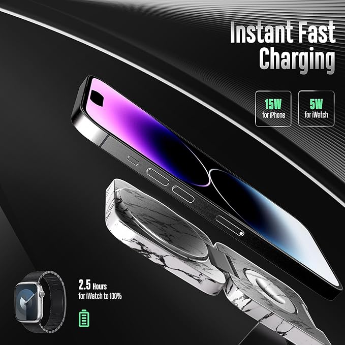 KU XIU Fast Wireless Charger, Magnetic Foldable 3 in 1 Charging Station for iPhone 17/16/15/14/13/12 Pro/Plus/Pro Max, 5W Portable Charger for Apple Watch9/8/7/6/5/4/SE, for Airpods