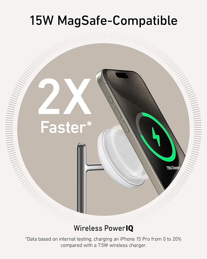 Anker MagSafe Charger Stand Compatible, iPhone 17 MagGo 3 in 1 Wireless Charging Station,Qi2 Certified 15W Wireless Charger, Desk Accessory, for iPhone 15/14/13/12 Series Apple Watch, AirPods