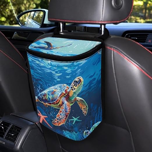 Biyejit Car Trash Can with Sea Turtles Starfish Print Car Garbage Can Car Waste Basket, Leak-Proof Car Trash Bin, Car Trash Hanging Car Accessories Interior Car Organizer Bag