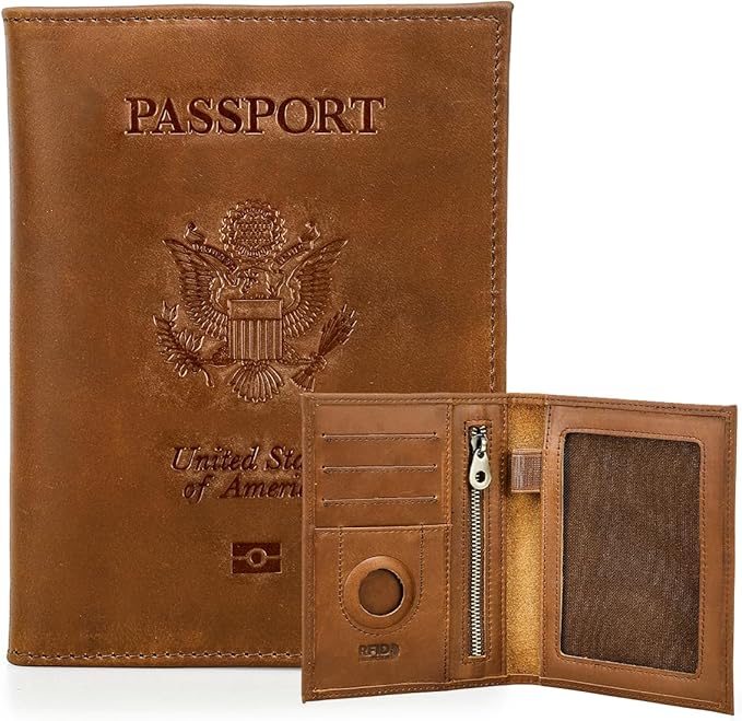 CONTACTS Full Grain Leather Passport Holder RFID Blocking Travel Passport Wallet Compatible with Airtag for Men and Women Passport Cover Case with 4 Cards Slots, Coin Pocket (Badge, Camel Brown)