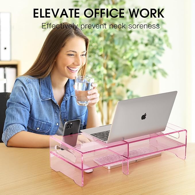 Pink Acrylic Monitor Stand Riser, 2-Tier computer stand with Storage, clear monitor stand for desk Suitable for laptops, printers, TV，desk organization With phone holder