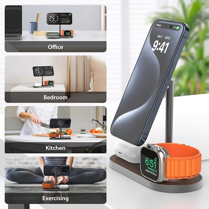KU XIU X23 PRO 3 in 1 Magnetic Wireless Charging Stand for iPhone AirPods iWatch & Qi Smartphone, Wireless Charging Station for iPhone 17/16/15/14/13/12, iWatch Ultra/10/9/8/7, AirPods 4/3/Pro/Pro 2