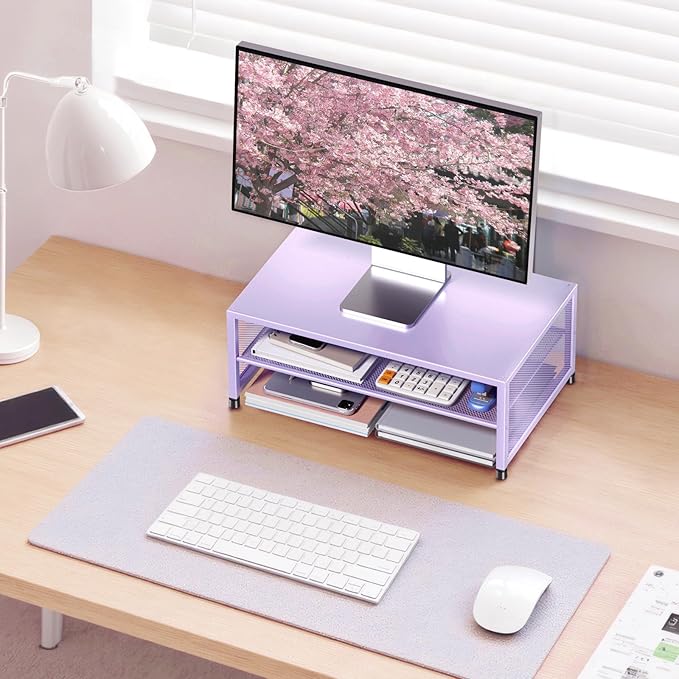 ECOLOVI 2-Tier Computer Monitor Stand Riser, Desk Organizer for Monitor, Printer & Laptop Stand, Desktop Workspace Organizers for Office Supplies(Purple)