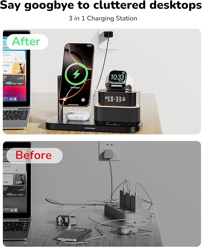 5 in 1 Wireless Charging Station for Apple,Mag-Safe Charger with Alarm Clock Night Light for Multiple Devices,Nightstand Charging Station for iPhone 17/16/15/14/13/12,Apple Watch Series,Air-Pods