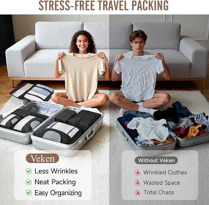 Veken 10 Set/8 Set Packing Cubes for Travel Essentials, Suitcase Organizer Bags in 4 Sizes, Carry-On Luggage Accessories with Laundry Bag & Passport Holder, Airplane Must Have, Camp Gifts for Men
