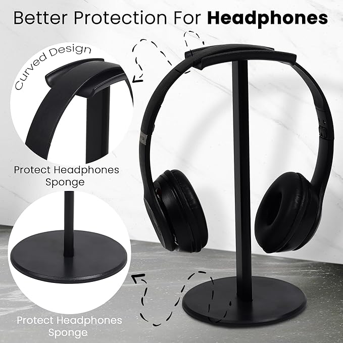 Headphone Stand for Desk, Curved Headset Stand with Aluminum Rod, Abs Solid Base, Gaming Headset Holder for Table Top,Headphone Accessories for Organization and Display (Black)