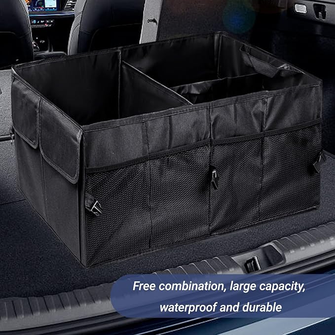 Trunk Organizer for Car Foldable Sturdy Style with 3 Compartments Holds Auto Accessories Tools Automotive Consoles and Organizers For Vehicle Trunk Storage (Black)