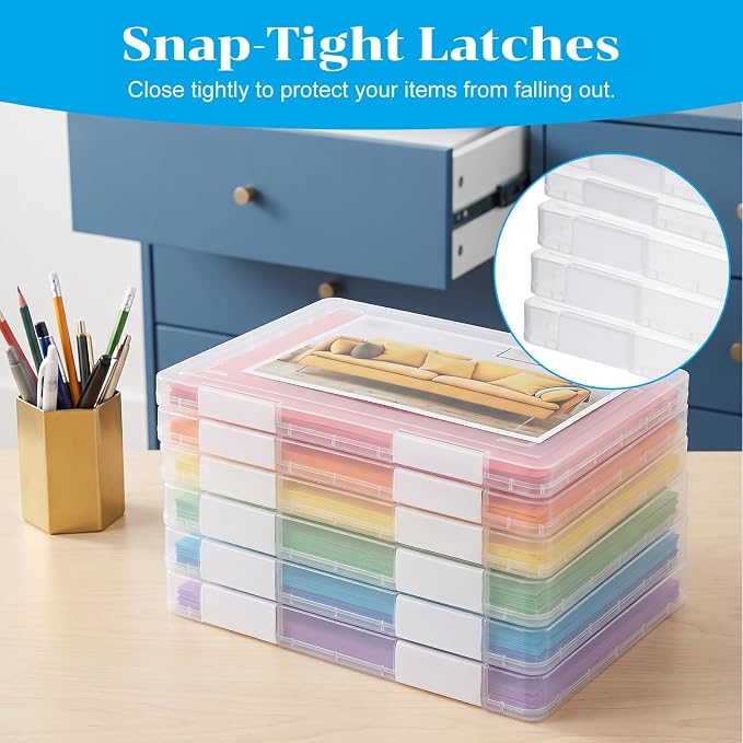 6Pcs A4 Plastic Paper Organizer Box, Clear A4 File Portable Project Case for 8.5"x11" Letter Paper, Plastic Scrapbook Paper Organizer Containers with Buckle for Craft Document Storage(3 Large&3 Small)