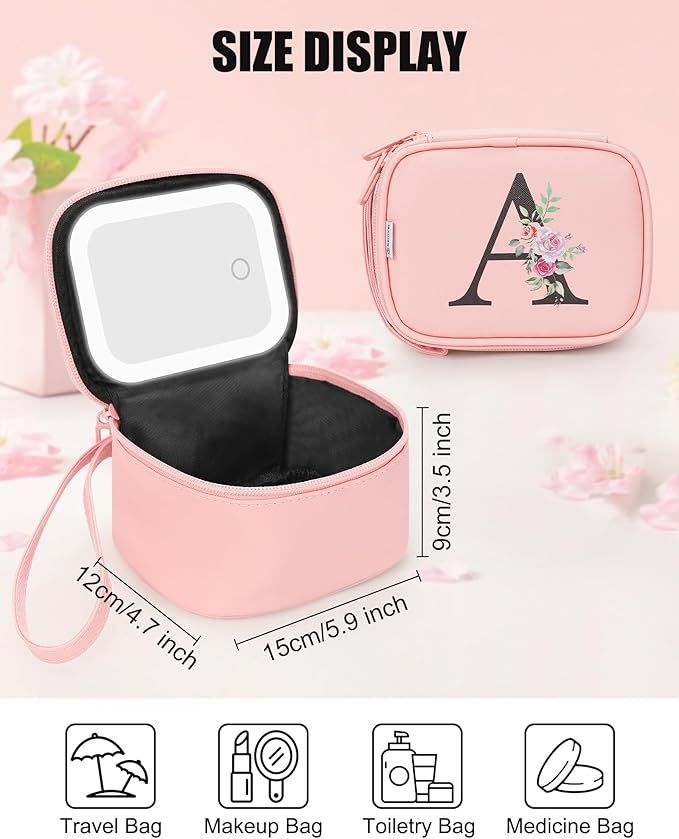 Relavel Mini Makeup Bag with Led Mirror for Women Birthday Gifts, Portable Initial Make Up Bag with 3 Light Modes, Personalized Makeup Pouch, Rechargeable Preppy Stuff for Party - Pink A