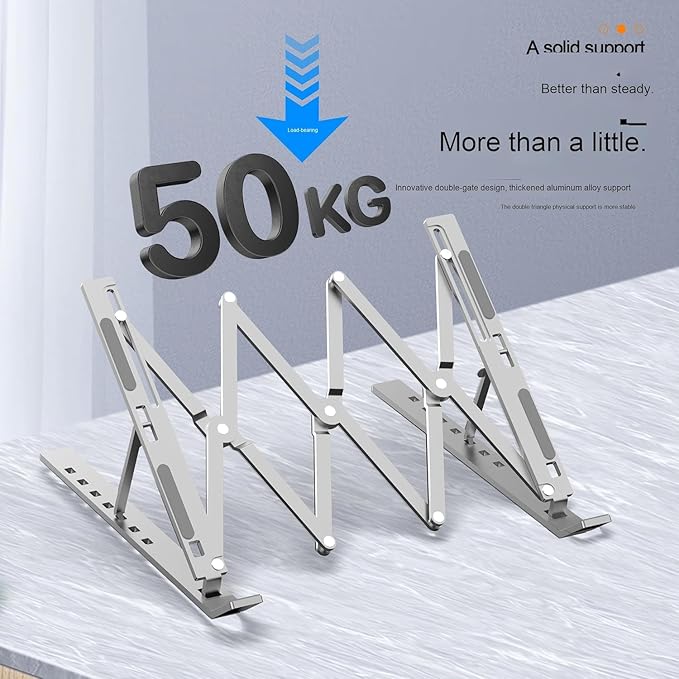 Ergonomic 7-Levels Angles Adjustable Laptop Stand, Portable Laptop Stand for Desk, Aluminum + Silicone Foldable Ventilated Cooling Laptop Riser for 10-17” Laptops, Tablets (Silver)