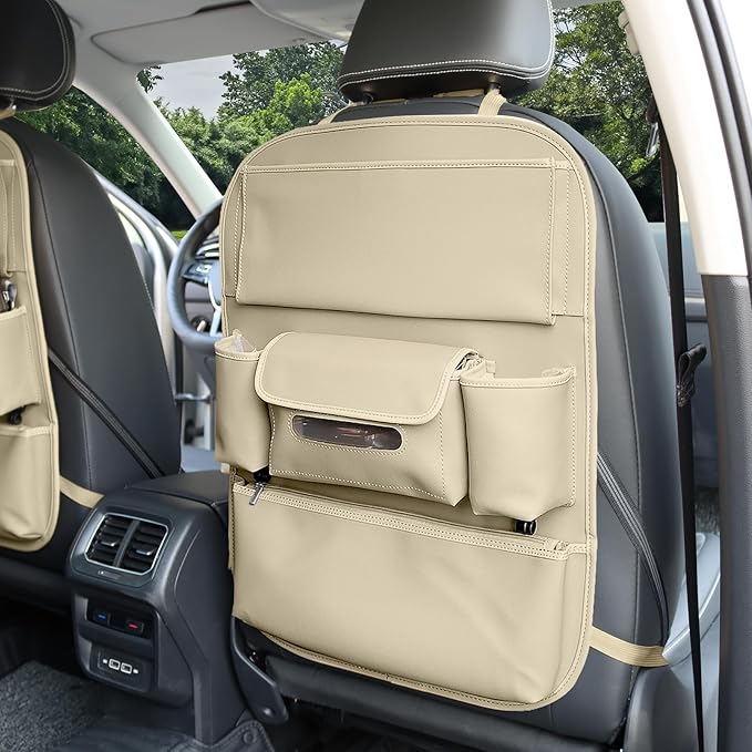 Viaviat Car Seat Organizers Waterproof Backseat Protector with Storage Pocket Large Leather Kick Mats for Kids Pets Automobile SUV Truck (Beige, Large Pocket)