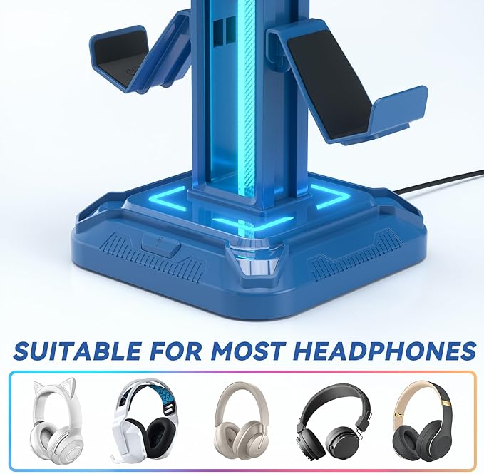 KDD Headset Stand with Light Modes - Controller Holder for Desk - Rotatable Headphone Stand & Detachable Controller Hook for PC Earphone Accessories(Blue)