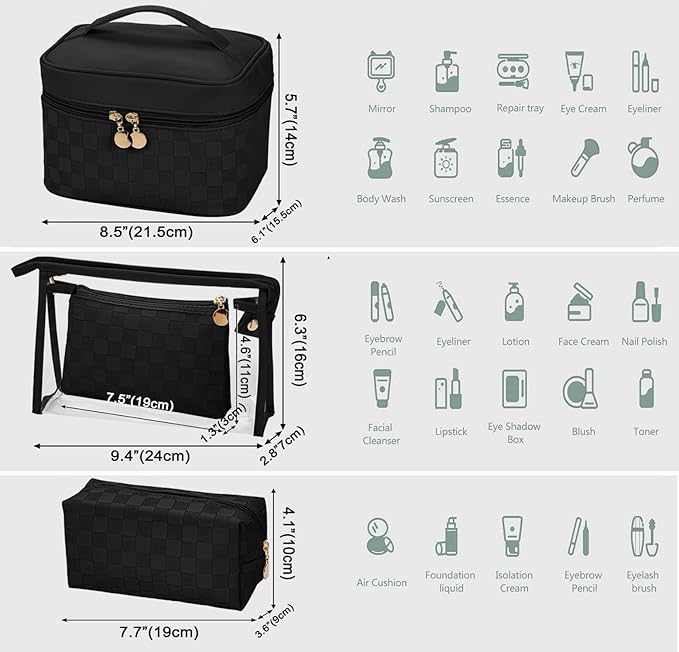 Makeup Bag 4 Pcs Waterproof Cosmetic Bag Set Portable Travel Cosmetic Bag Multifunction Organizer Storage Bag Toiletry Bag forWomen and Girls (BLACK2)