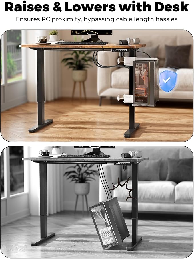 JOY worker No Drilling Under Desk PC Mount for Standing Desk, Clamp-On Desk Leg Computer Mount with Extra Protective Arms, Adjustable Computer Case CPU Holder Holds Up to 44lbs, White